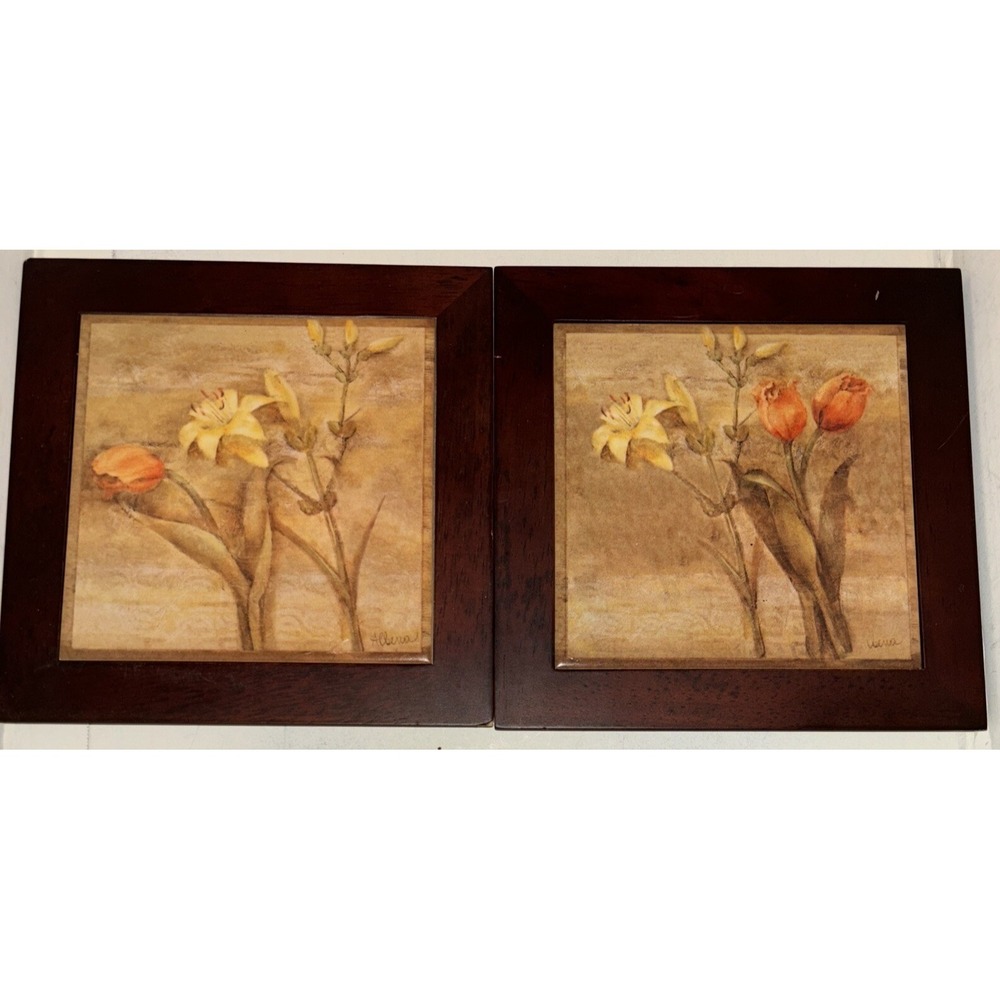 Vintage Decorative Floral Tulip Lily‎ Framed Tile (2) Trivets by Albena Hristova